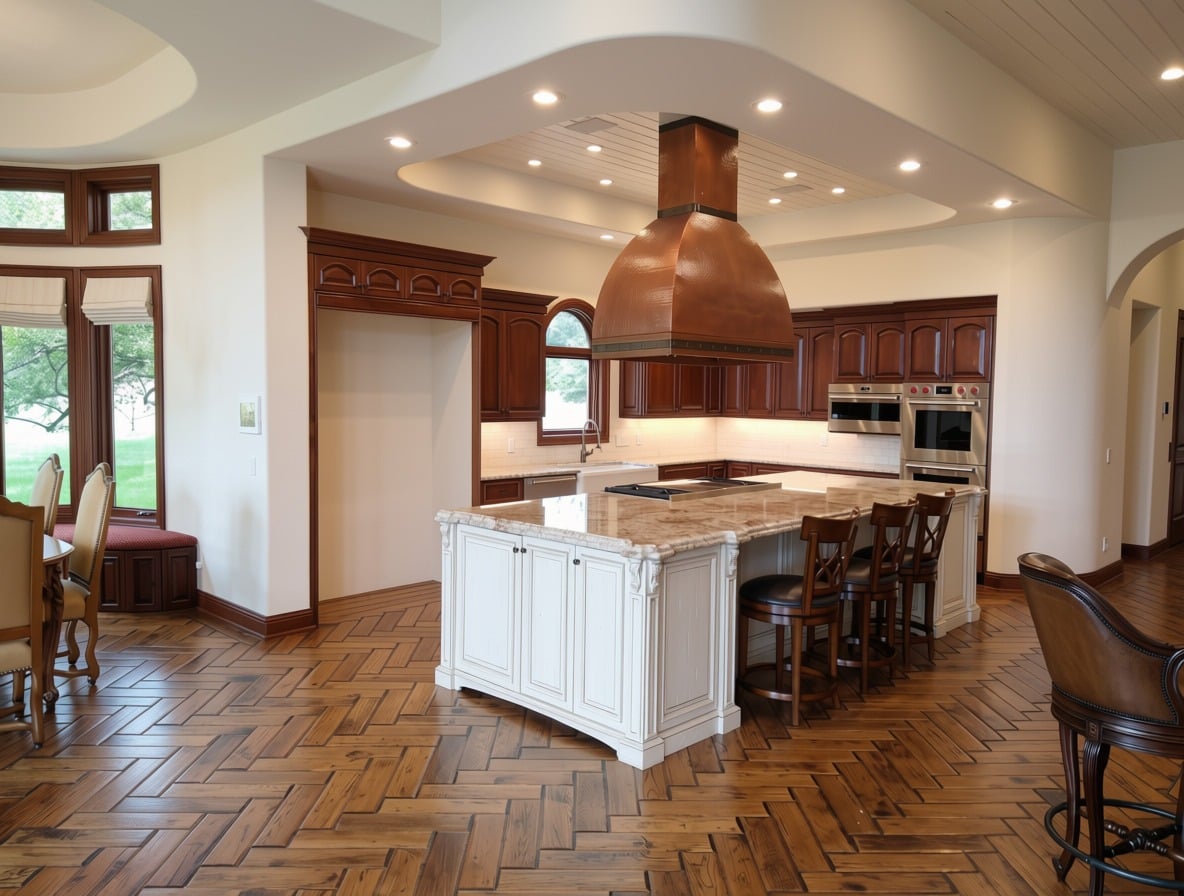 Traditional kitchen with dark wood cabinetry and copper range hood