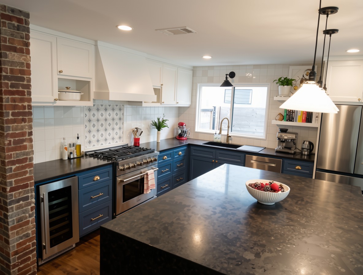Kitchen with white upper cabinets and navy blue lower cabinets