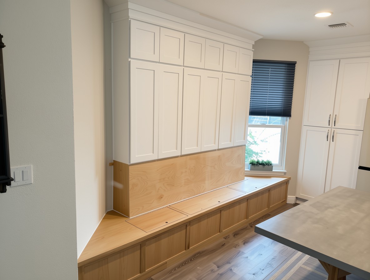 Built-in mudroom bench with white upper cabinets and natural wood base