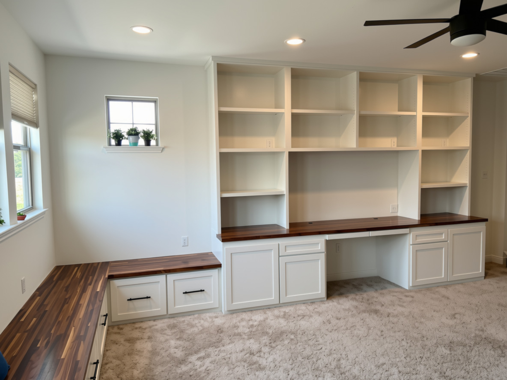 Built-in white office shelving with walnut desktop